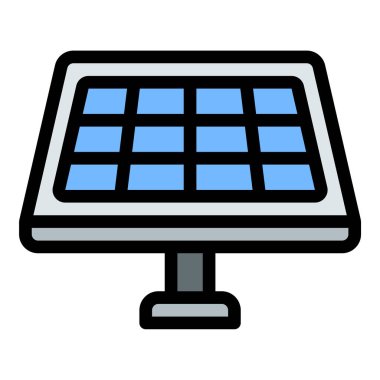Günışığı, sürdürülebilirlik, yeşil enerji ve çevre dostu teknoloji uygulamaları için uygun yenilenebilir enerji üretimini temsil eden güneş paneli simgesi düz çizgi çizimi.
