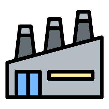 Fabrika ikonu düz çizgi tarzı illüstrasyon. Fabrika otomasyonu, lojistik ve tedarik zinciri kavramları için uygun endüstriyel imalat ve üretim tesislerini temsil ediyor..