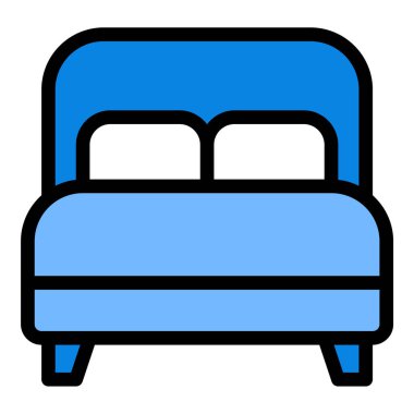 Yatak odası tasarımı, misafirperverliği ve mobilya hizmetleri için uygun, konfor ve istirahatı temsil eden çift yataklı ikon düz çizgi çizgisi çizimi.