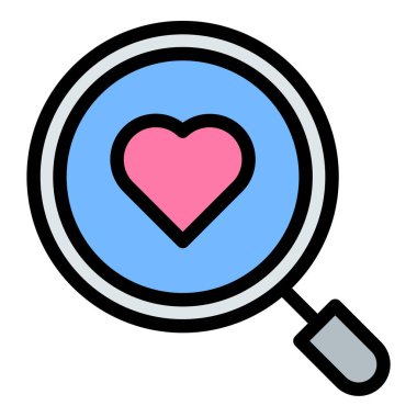 Aşk arama simgesi düz çizgi tarzı illüstrasyon romantik bağlantı arayışını ve flört araştırmasını temsil ediyor, çöpçatanlık uygulamaları, ilişki hizmetleri ve Sevgililer Günü promosyonları için uygun