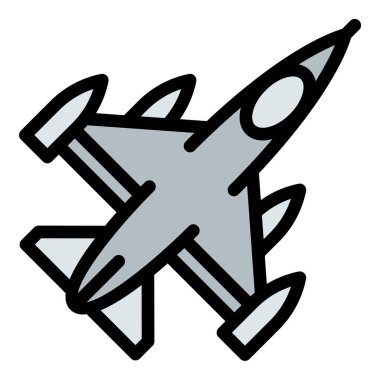 Askeri jet ikonu düz çizgi tarzı illüstrasyon hava savaşı ve savunma teknolojisini temsil ediyor, askeri, havacılık ve stratejik projeler için uygun.