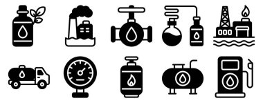 Petrol Endüstrisi Simgesi Katı Biçim Koleksiyonu Enerji sektörü görsel uygulamaları ve eğitim kaynakları için uygun petrol arıtma rafinerisini ve dağıtımını temsil ediyor