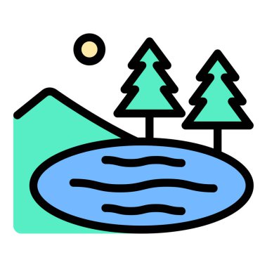 Doğal su kütlelerini ve doğa, seyahat ve eğlence amaçlı projeler için uygun açık hava manzarasını temsil eden göl ikonu düz çizgili tasviri