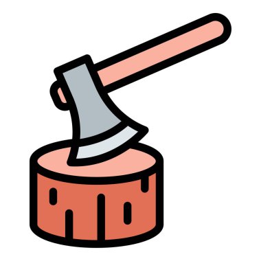 Ahşap balta simgesi düz çizgi tarzı illüstrasyon kesme araçlarını ve ormancılık işini temsil ediyor, açık hava işçiliği, kamp ve ahşap işçiliği projeleri için uygun