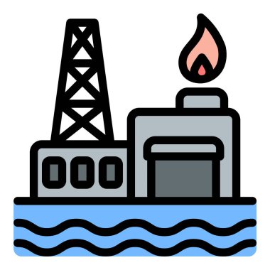Petrol platformu simgesi, petrol ve doğalgaz, endüstriyel ve çevresel projeler için uygun, açık deniz sondaj ve enerji çıkarımını temsil eden düz çizgi tarzı illüstrasyon