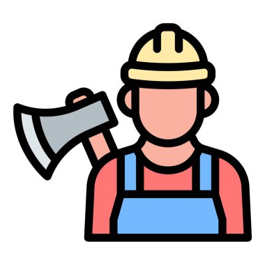 Oduncu simgesi düz çizgi tarzı illüstrasyon. Orman işçilerini ve kereste toplamayı temsil ediyor. Kereste kesimi, açık hava işçiliği ve doğa ile ilgili projeler için uygun.