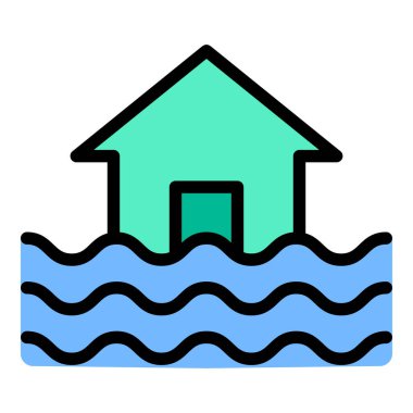 Doğal afetleri ve su taşkınlığını temsil eden, çevresel farkındalık, acil durum tepkisi ve iklimle ilgili projeler için uygun, tufan simgesi düz çizgi çizimi çizimi