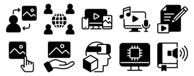 Medya platformları yaratıcı endüstriler ve çevrimiçi pazarlama stratejileri için uygun dijital içeriği ve modern iletişim kanallarını temsil eden Yeni Medya Simgesi Katı Biçim Koleksiyonunu Ayarla