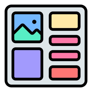 Moodboard simgesi düz çizgi tarzı illüstrasyon, tasarım, markalaşma ve yaratıcı proje geliştirme için uygun fikirler ve ilhamın görsel düzenini temsil eder.