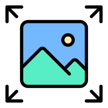 Resim boyutlarının ayarlanmasını temsil eden, grafik tasarımı, fotoğraf düzenleme ve dijital medya ile ilgili projeler için uygun resim boyutlandırması düz çizgi illüstrasyonu