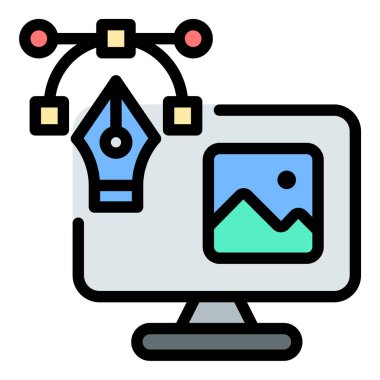 Görsel içerik oluşturma ve sanatsal iletişimi temsil eden grafiksel tasarım simgesi düz çizgi çizimi, markalaşma, pazarlama ve dijital medya ile ilgili projeler için uygundur