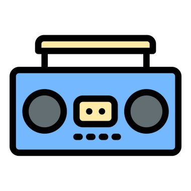 Eski elektronik, müzik geçmişi ve nostaljik tasarım projeleri için uygun retro ses teknolojisi ve analog medyayı temsil eden radyo kaset simgesi düz çizgi çizimi çizimi