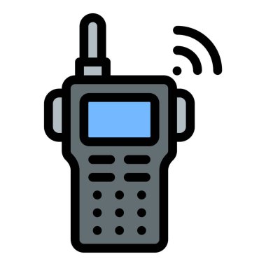 İki yönlü iletişim ve gerçek zamanlı koordinasyonu temsil eden, güvenlik operasyonları, acil servisler ve takım iletişim projeleri için uygun telsiz talkie simgesi düz çizgi çizimi