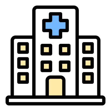 Tıp ve sağlık hizmetlerini temsil eden, sağlık hizmetleri, acil durum tepkisi ve refahla ilgili projeler için uygun hastane ikonu düz çizgi tarzı illüstrasyon