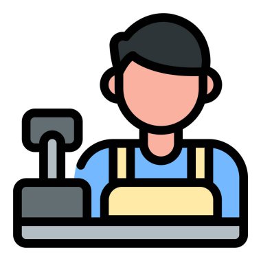 Alışveriş platformları, mağaza yönetimi ve ödeme işleme projeleri için uygun, perakende işlemleri ve satış noktası hizmetlerini temsil eden kasiyer simgesi düz çizgi biçimi illüstrasyonu