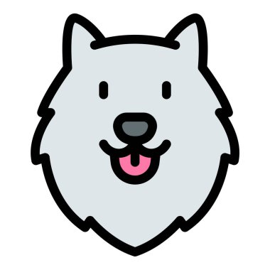 Samoyed köpek cinsini temsil eden Samoyed simgesi düz çizgi çizimi, hayvan bakımı hizmetleri, hayvanlarla ilgili projeler ve köpek yetiştiriciliği promosyonları için uygun.