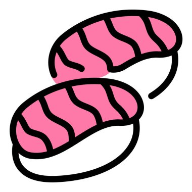 Suşi ikonu düz çizgi çizimi Japon mutfağını temsil ediyor ve restoran menüleri yemek dağıtım uygulamaları ve mutfak kültürü projeleri için uygun deniz ürünleri tabakları.