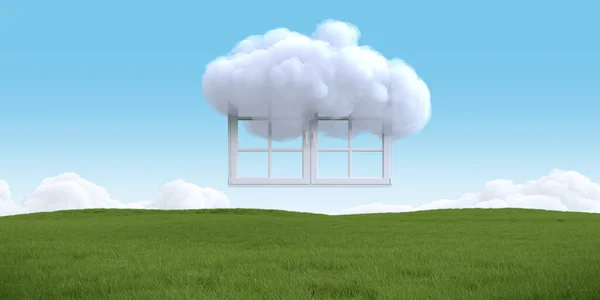 Soyut Sürrealistik Illüstrasyon Kapalı Pencere Beyaz Bulutlu Yaz Manzaralı Çimenli — Stok fotoğraf