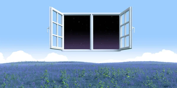 Abstrakt Surrealistisk Illustration Öppet Fönster Med Natthimmel Inne Sommaren Blommigt — Stockfoto