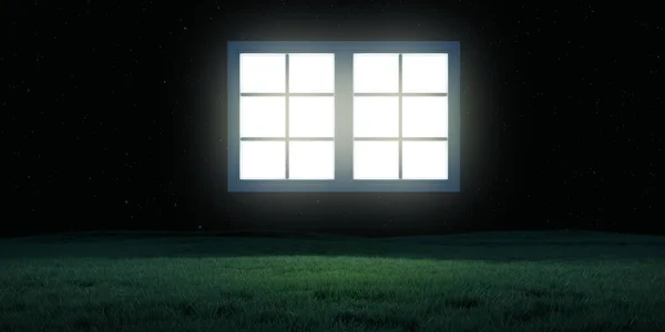 Ilustrasi Surealis Abstrak Jendela Dengan Cahaya Terang Dalamnya Pada Lanskap — Stok Foto