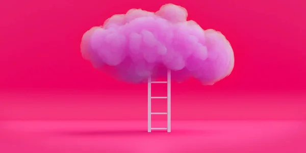 赤の背景に階段のあるピンクの雲 抽象超現実的なイラスト 創造的なファンタジーポップアート 現代的な最小限のコンセプトデザイン 3Dレンダリング — ストック写真