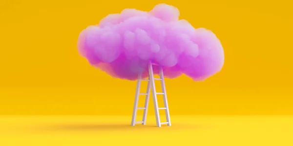 黄色の背景に階段でピンクの雲 抽象超現実的なイラスト 創造的なファンタジーポップアート 現代的な最小限のコンセプトデザイン 3Dレンダリング — ストック写真
