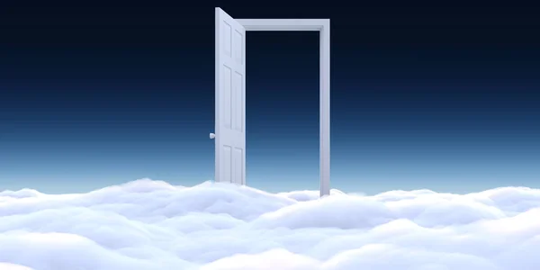 Λευκή Ανοιχτή Πόρτα Στον Ουρανό Πάνω Από Σύννεφα Αφηρημένη Υπερρεαλιστική — Φωτογραφία Αρχείου