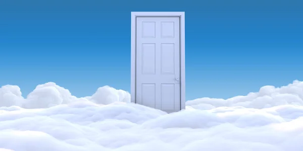 Λευκή Κλειστή Πόρτα Στον Ουρανό Πάνω Από Σύννεφα Αφηρημένη Υπερρεαλιστική — Φωτογραφία Αρχείου