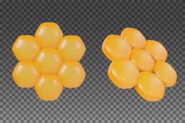 3D karikatür bal peteği vektör gerçekçi komik tarzında. Güzel sanat öğesi kur. Modern plastik ya da parlak kil tasarım nesnesi. Şeffaf arkaplanda tatlı renkli çizimler.