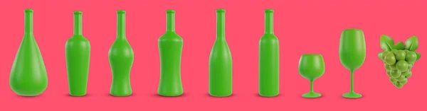 Встановити Реалістичні Пляшки Вина Або Алкоголь Різної Форми Келихом Винограду — стоковий вектор