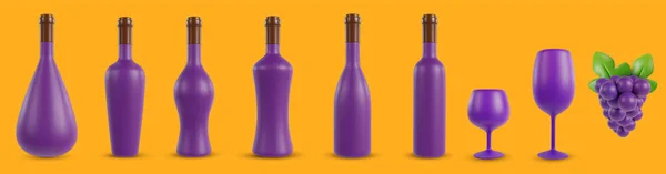 Conjunto Botellas Realistas Para Vino Alcohol Varias Formas Con Vino — Vector de stock
