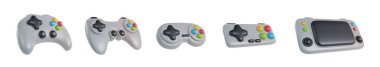 En az komik çizgi film tarzında 3D gerçekçi oyun kontrolörü seti. Koleksiyon modern tasarım ögesi beyaz arkaplanda izole edildi. Vektör illüstrasyonu veya simge oyun alanı.