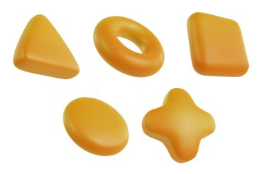 3 boyutlu karikatür sarı basit geometrik şekiller gerçekçi yumuşak stilde. Beyaz arkaplanda koleksiyon asgari formu. Vektör illüstrasyonu.