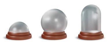 Gerçekçi 3 boyutlu cam kubbe, beyaz arka planda izole edilmiş ahşap tepside kristal küre. Çizgi film tasarım elemanlarını en aza indir. Vektör illüstrasyonu.