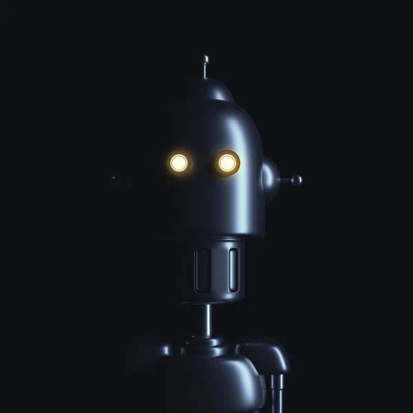 3d realistic danger metal robot portrait in cartoon futuristic retro style. Technology sci fi character design. Creative digital concept art of cyborg. Modern fashion render illustration.