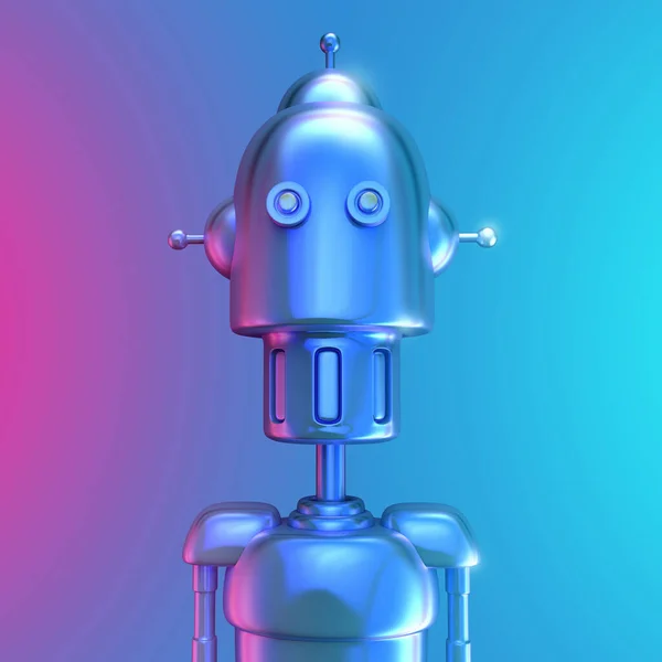 3d realistic chrome robot portrait in cartoon futuristic retro style. Technology sci fi character design. Creative digital concept art of cyborg. Modern fashion render illustration.