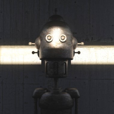 3d realistic old metal robot portrait in cartoon futuristic grunge style. Technology sci fi elegant character design. Creative digital concept art of cyborg. Modern fashion render illustration.