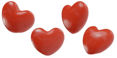 Set cartoon plasticine or clay red hearts isolated on white background. Sweet doodle 3d render. Collection realistic symbols elements for holiday or celebration.