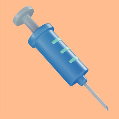 3D karikatür tıbbi şırıngası gerçekçi ve renkli. Parlak çocukları oyuncak yap. Plastik sevimli parlak tasarım elementi. Vektör en az illüstrasyon.