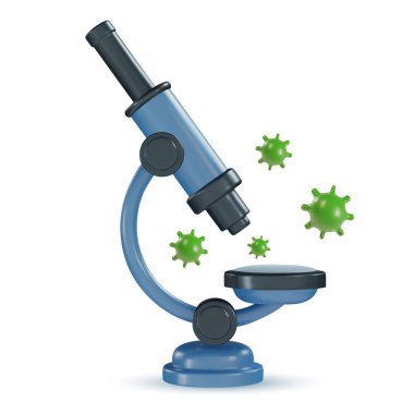 Yeşil bakterili 3D karikatür mikroskobu gerçekçi komik renkli. Parlak çocukları oyuncak yap. Plastik sevimli parlak tasarım elementi. Vektör en az illüstrasyon.