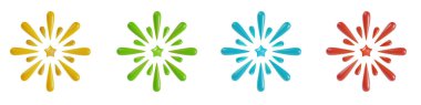 Set 3d cartoon festive fireworks or rays in realistic minimal style. Collection holiday color decoration elements. Cute explosion effect. Vector kids illustration.