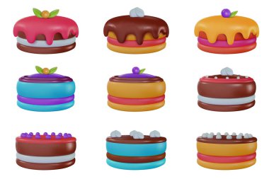 Set vector 3d cartoon tasty cake in realistic minimal style. Collection sweet glossy design elements for birthday, holiday, anniversary celebration. Vivid illustration, icon, symbol.