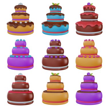 Set vector 3d cartoon tasty cake in realistic minimal style. Collection sweet glossy design elements for birthday, holiday, anniversary celebration. Vivid illustration, icon, symbol.