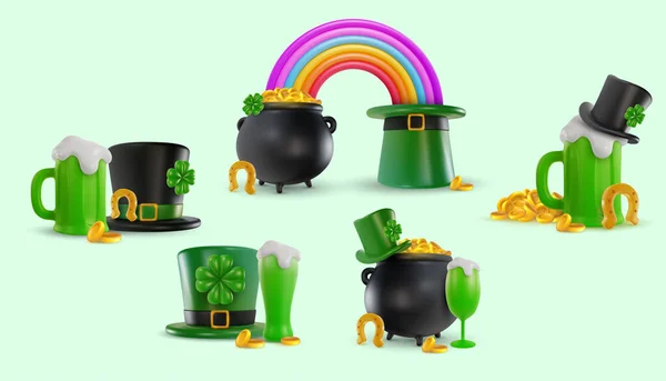 Happy Patrick Day Design Elements Leprechaun Hat Green Beer Gold — Stock Vector