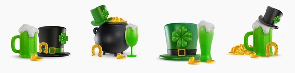 ハッピーセントパトリックの日のデザイン要素 レプラコーン帽子 緑のビール 金のコイン クローバー お金で鍋 3Dリアルなスタイルでアート構成を設定します 明るいお祝いの概念 ベクターイラスト — ストックベクタ