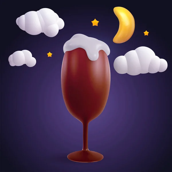 Bicchiere Birra Scura Sfondo Notturno Con Luna Stelle Nuvole Illustrazione — Vettoriale Stock