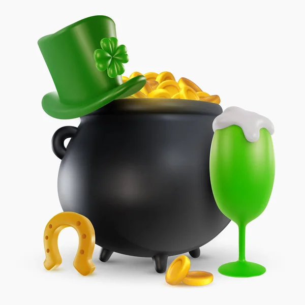 Patrick Day Festive Composition Horseshoe Green Beer Hat Clover Pot — Stock Vector