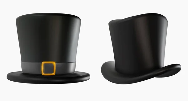 设置3D现实黑色顶帽漫画最小风格 明亮的现代矢量图形元素 复古服装配件 神奇设备或老式装饰 — 图库矢量图片