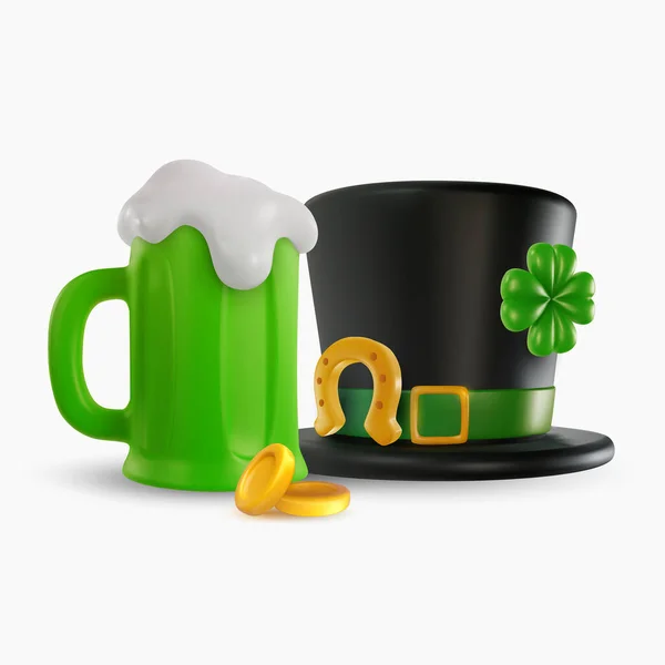 Patrick Day Festive Composition Gold Horseshoe Green Beer Hat Clover — Stock Vector
