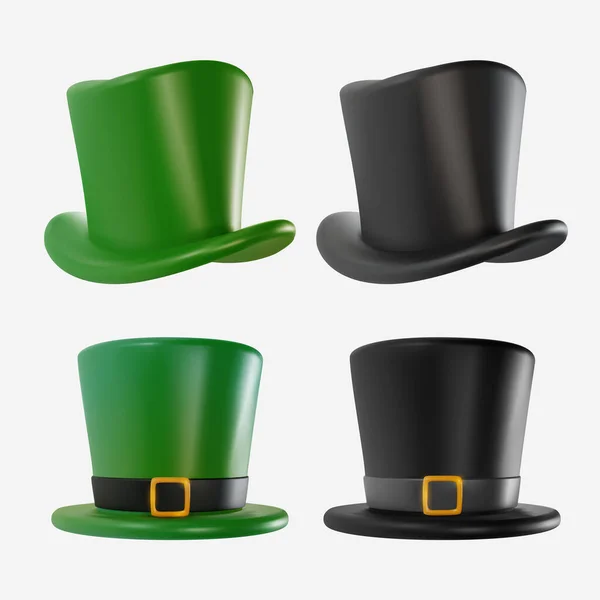 Set Realistic Black Green Top Hat Cartoon Minimal Style White — Stock Vector